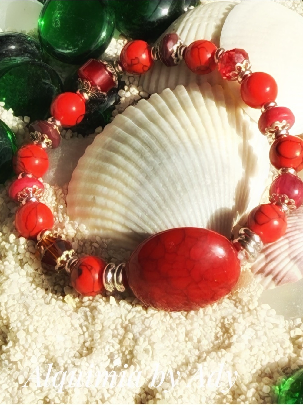 AMERICANA Red TURQUOISE Beaded Stretch Bracelet with Oval Focal
